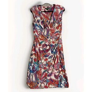 Lauren Ralph Lauren Paisley Faux Wrap V Neck Ruched Side Dress Size 10